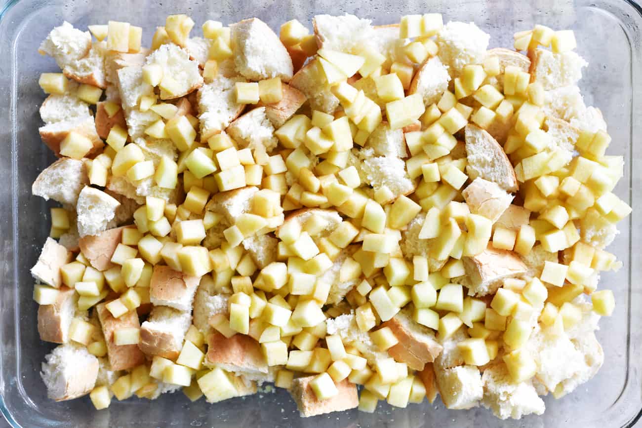add diced apples to the apple cinnamon french toast casserole