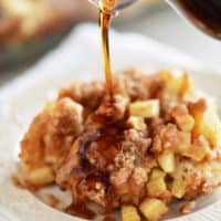 pour syrup on apple cinnamon french toast casserole