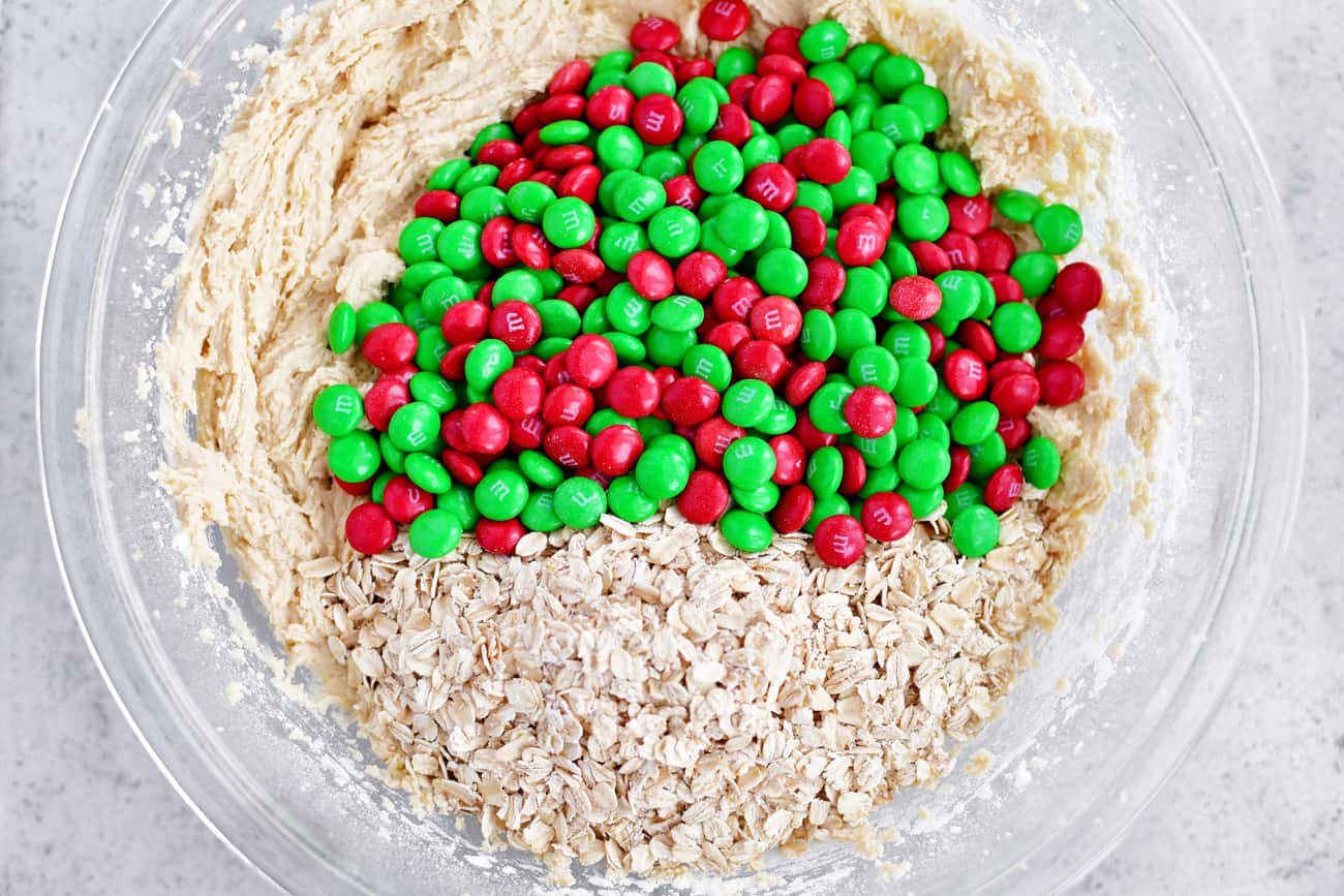 add oats and M&Ms to Christmas oatmeal cookies