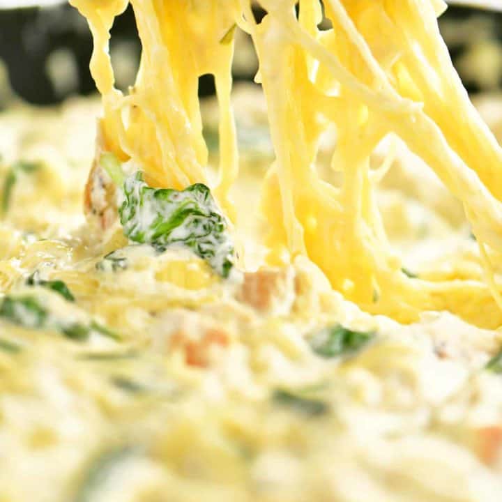 scooping spinach artichoke spaghetti squash with chicken from skillet