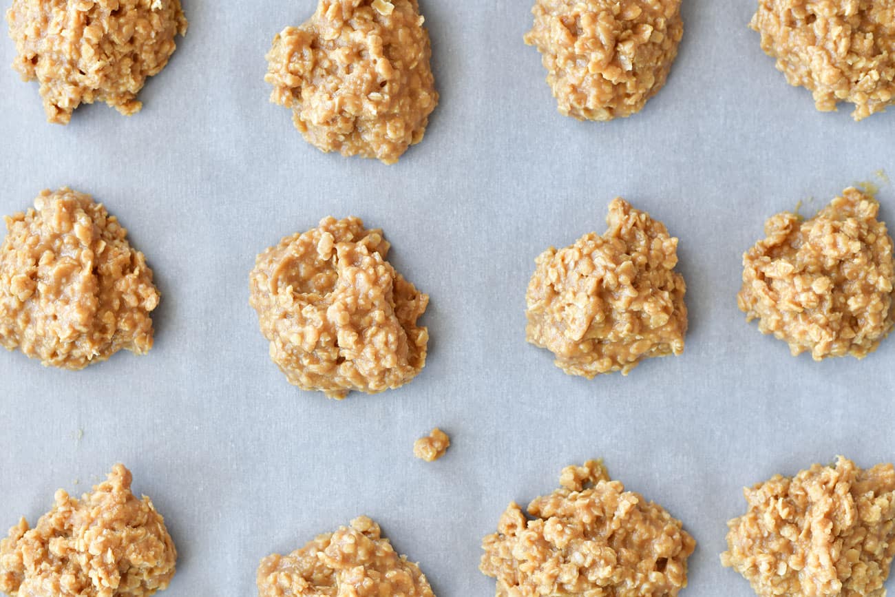 peanut butter no bake cookies on parchment paper