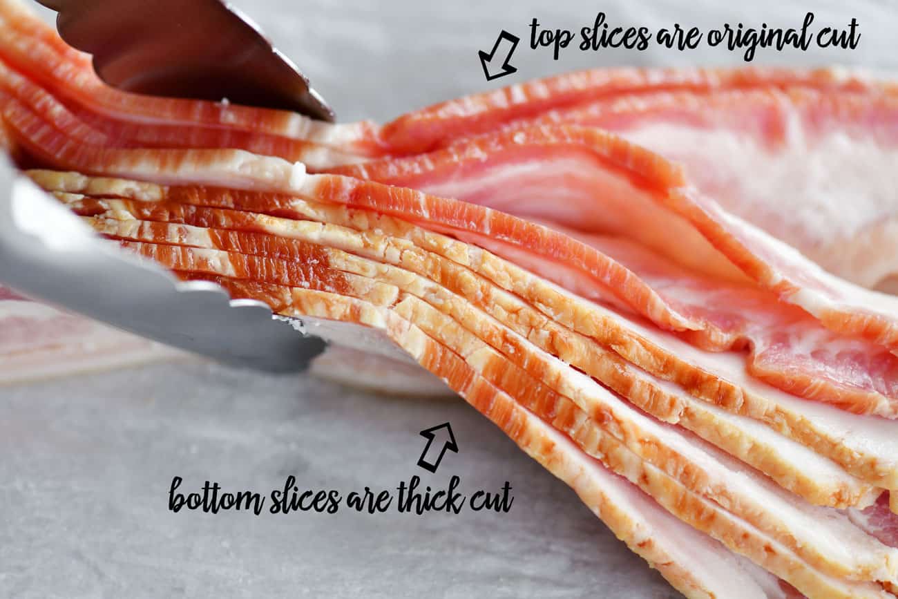 uncooked slices of thick cut bacon and original cut bacon