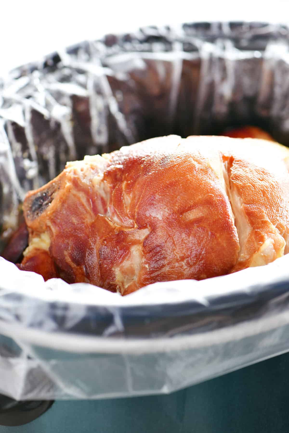 cooked ham in a crockpot