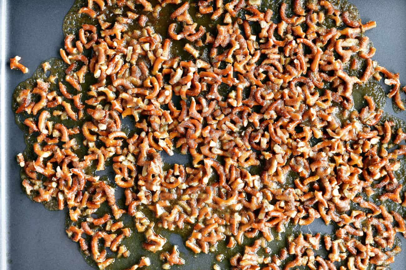 baked sugared pretzels in a rimmed baking sheet