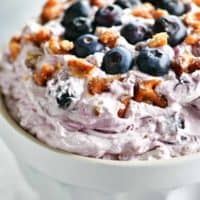 blueberry pretzel salad in a white bowl