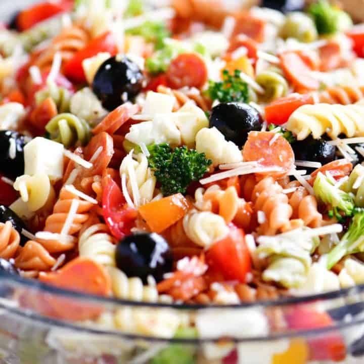 Italian pasta salad in a clear glass bowl
