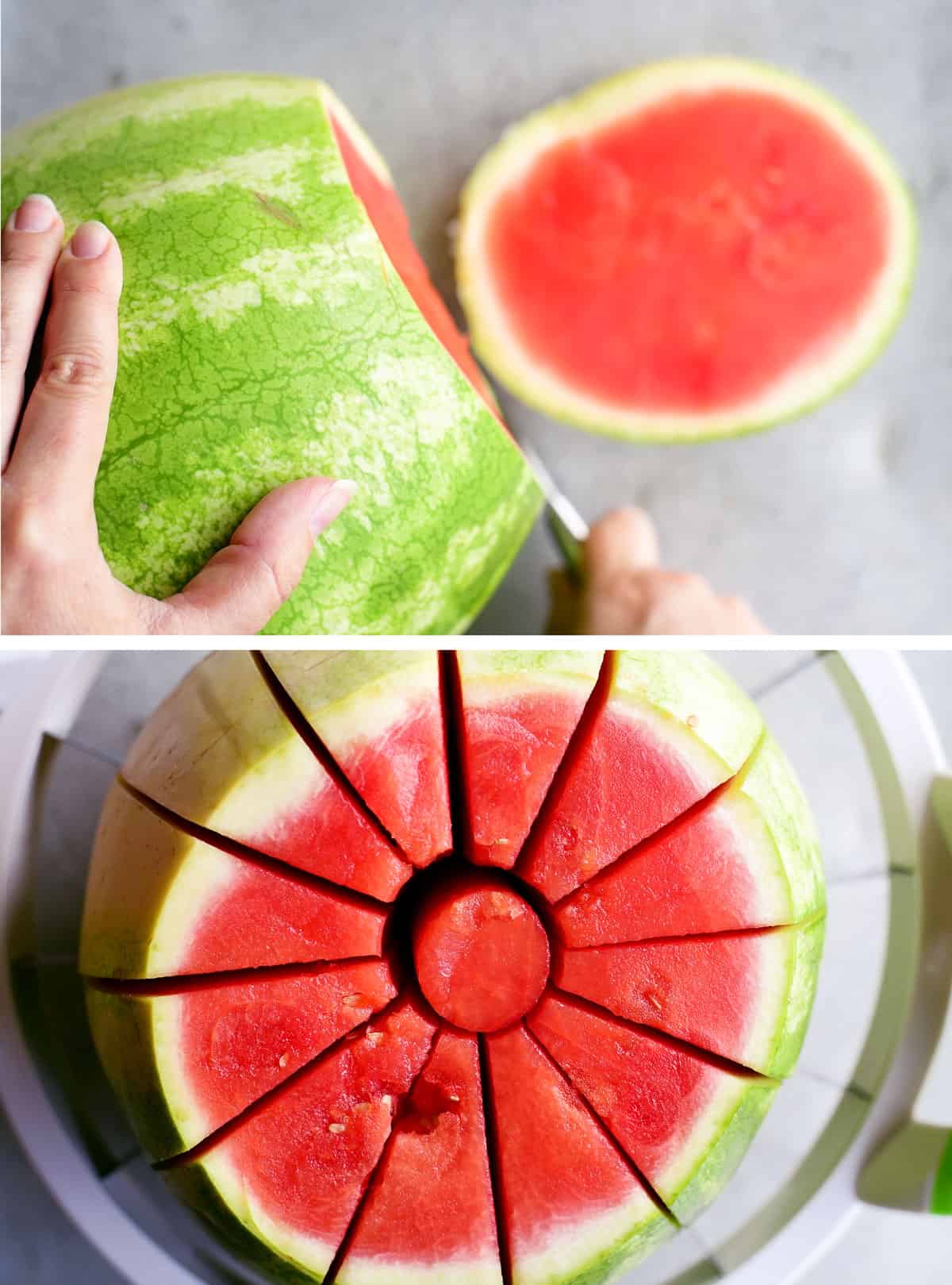using a watermelon wedge slicer to cut a watermelon