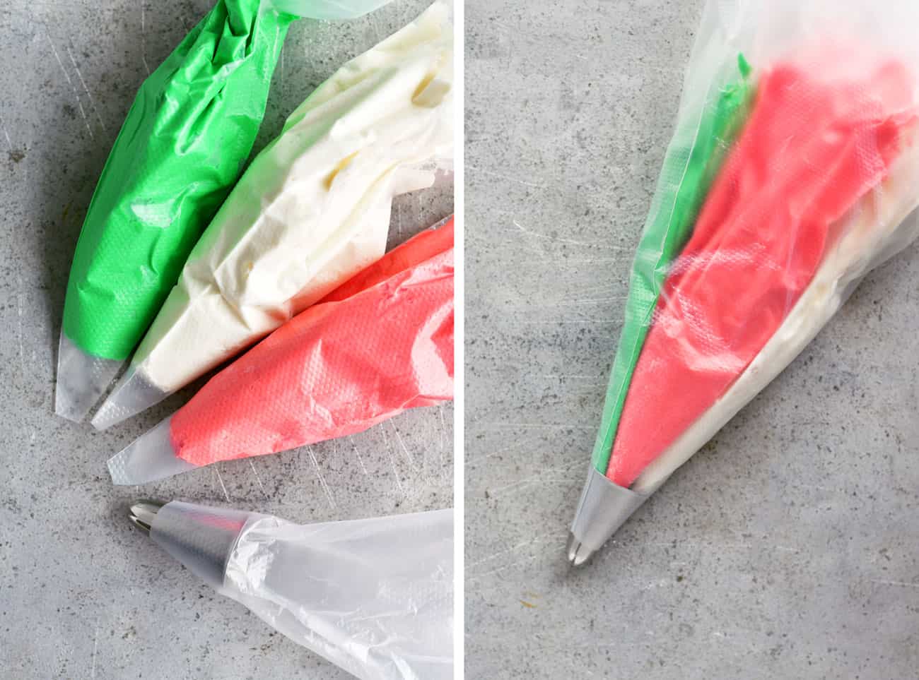 three colors of frosting in one bag