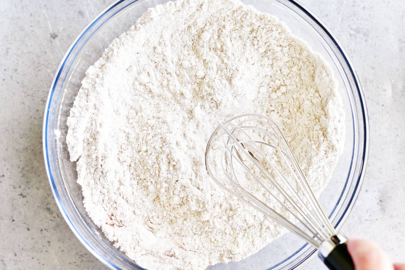 whisking spice cake mix in a bowl