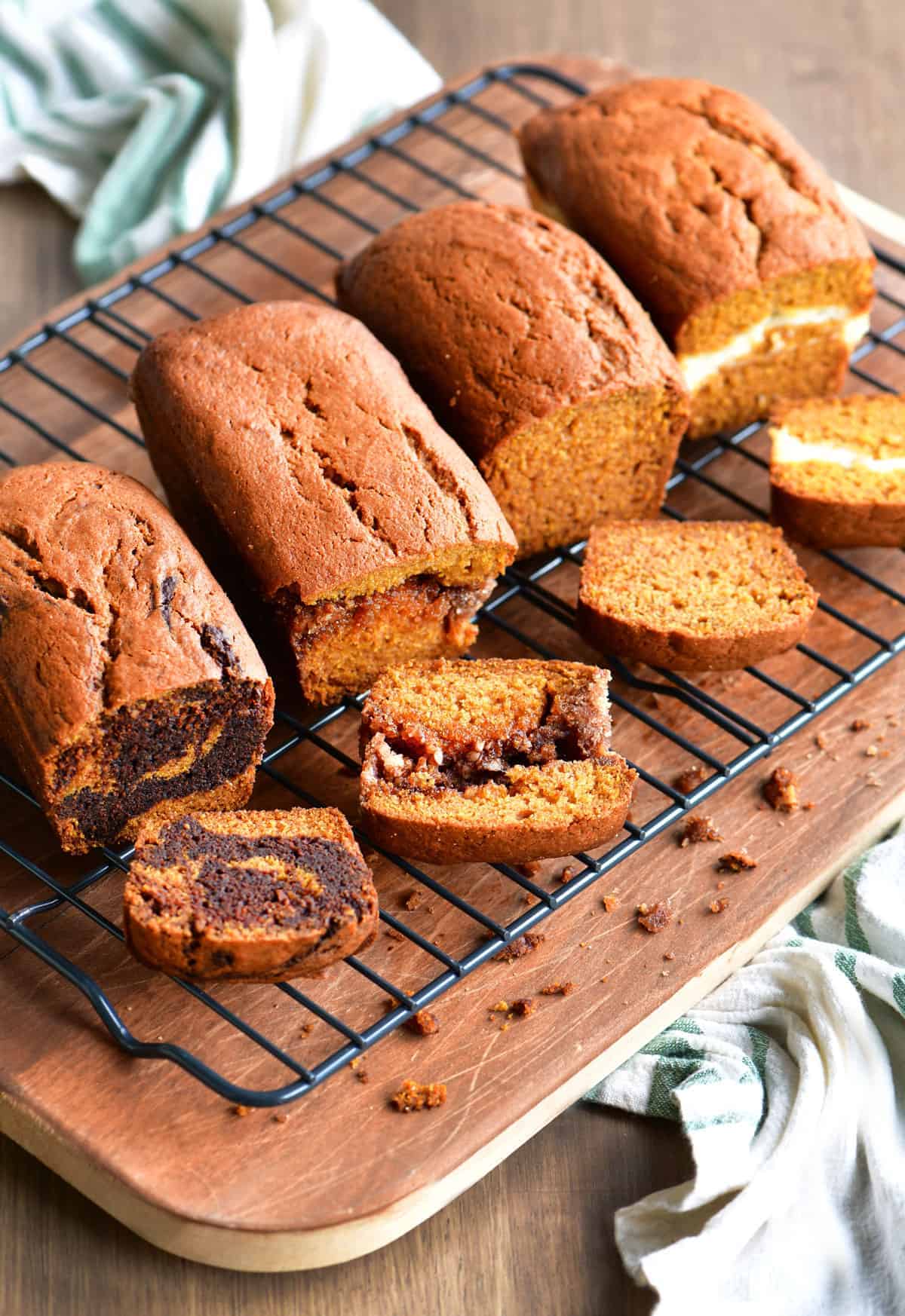 four kinds of pumpkin bread in a row