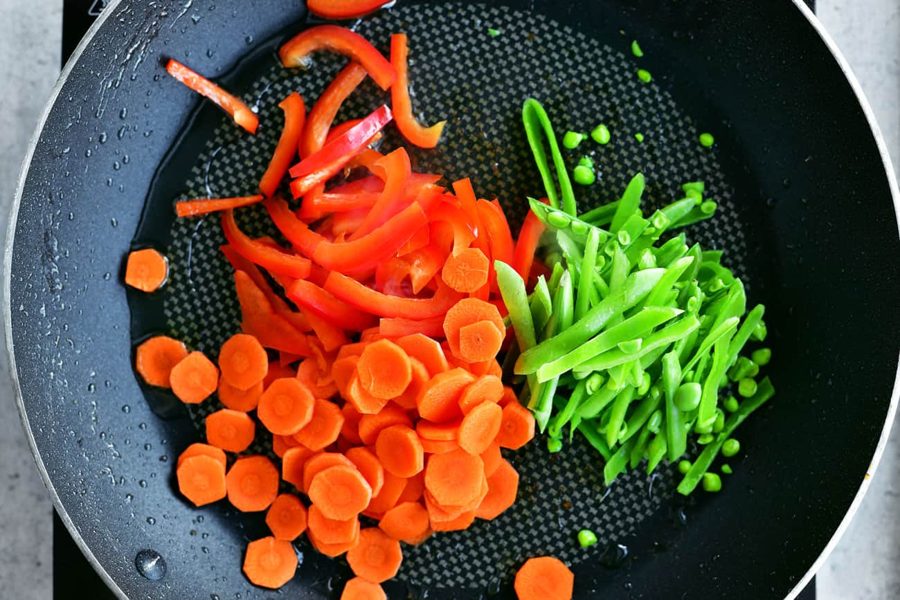 sliced vegetables in frying pan