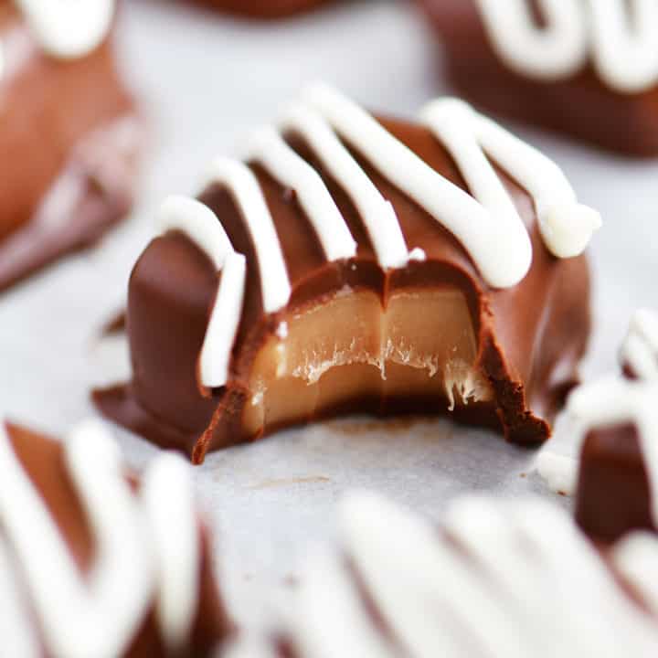 bite from a chocolate covered caramel