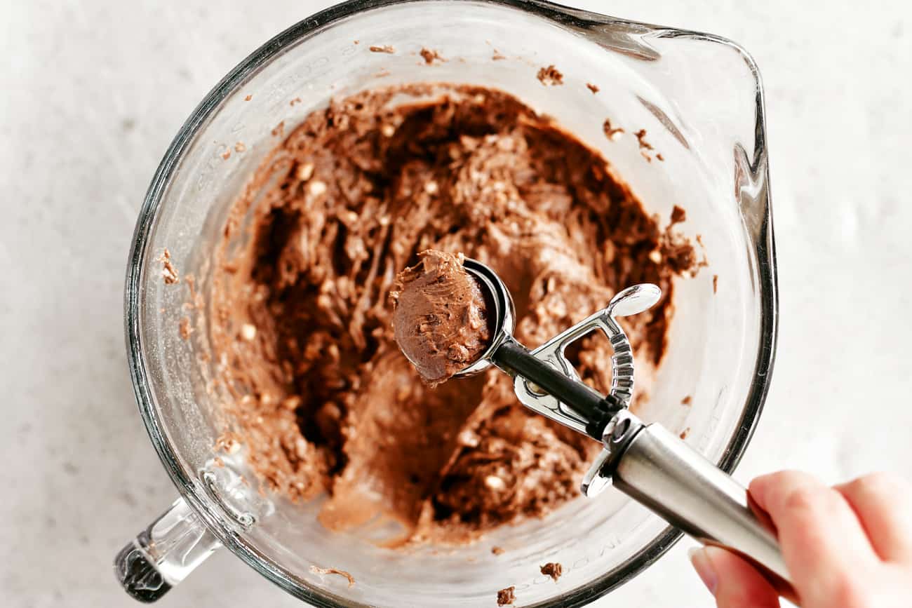 chocolate toffee cake mix cookie dough in scoop
