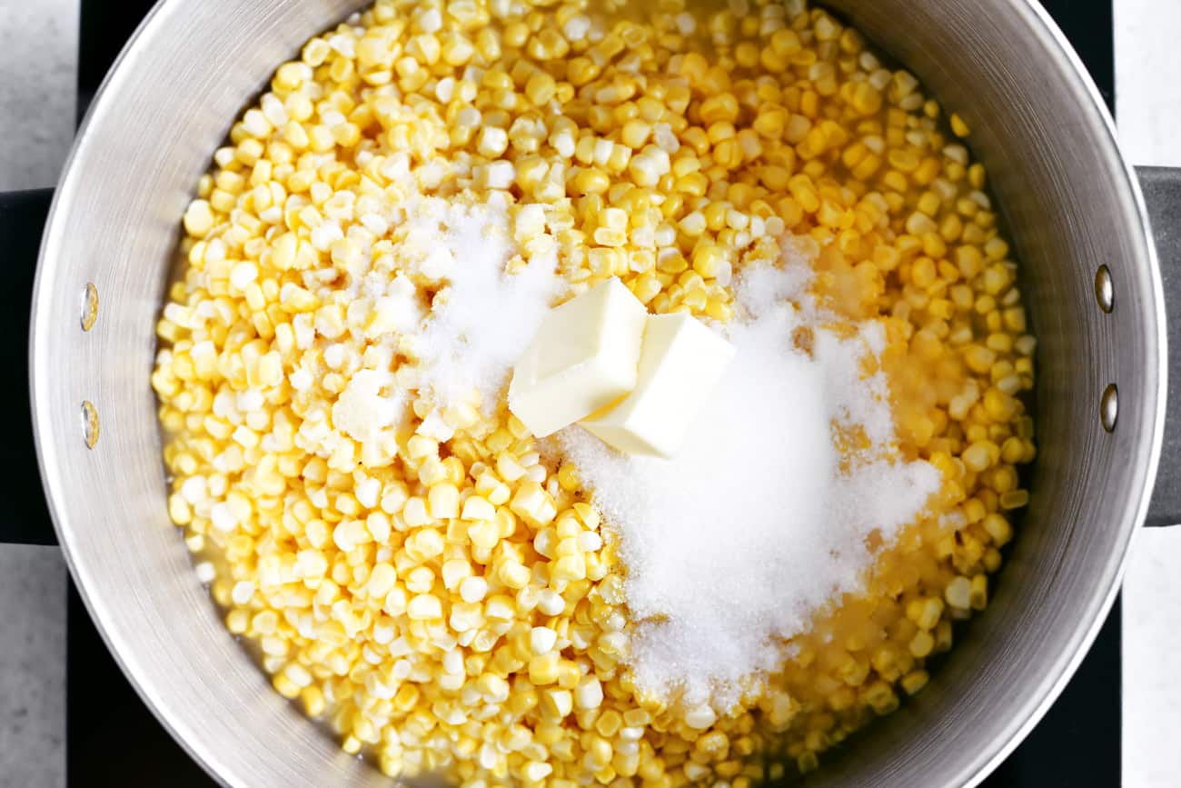 corn, butter, and sugar in stockpot