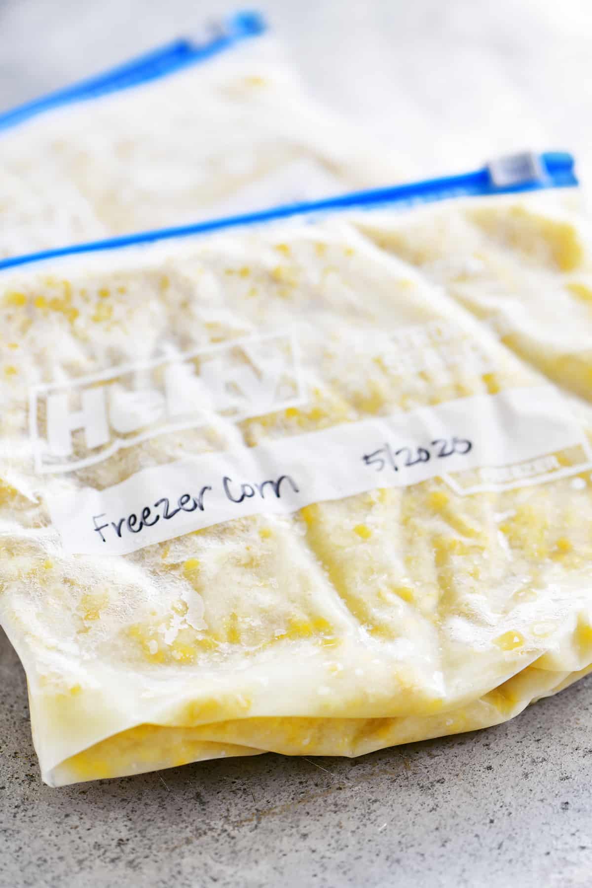 labeled freezer bag of corn