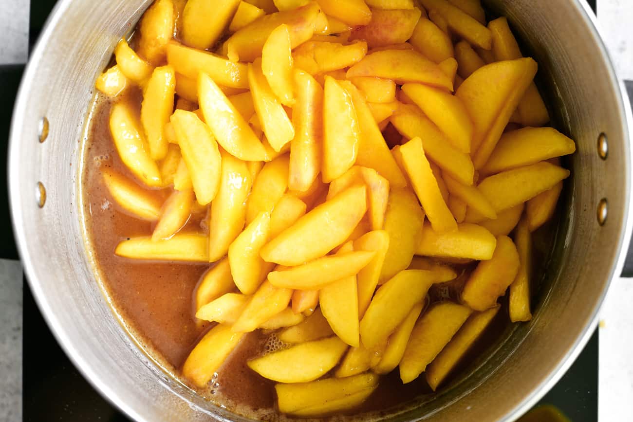 add peaches to stock pot