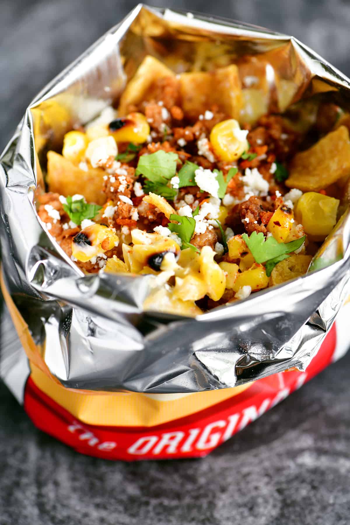 Mexican street corn on chips in a bag