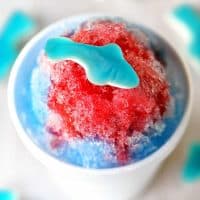a gummy shark candy on top of a red and blue themed shave ice treat