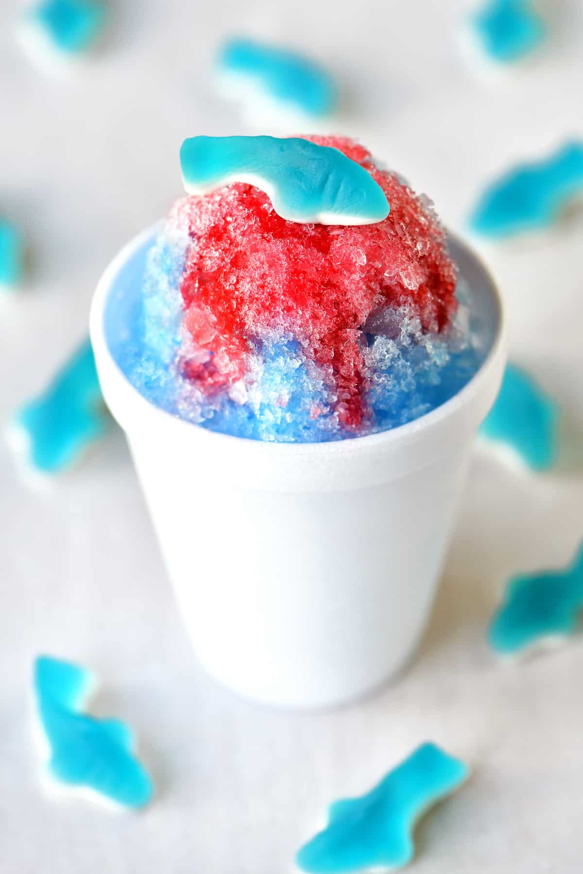 a shark themed shave ice in a cup