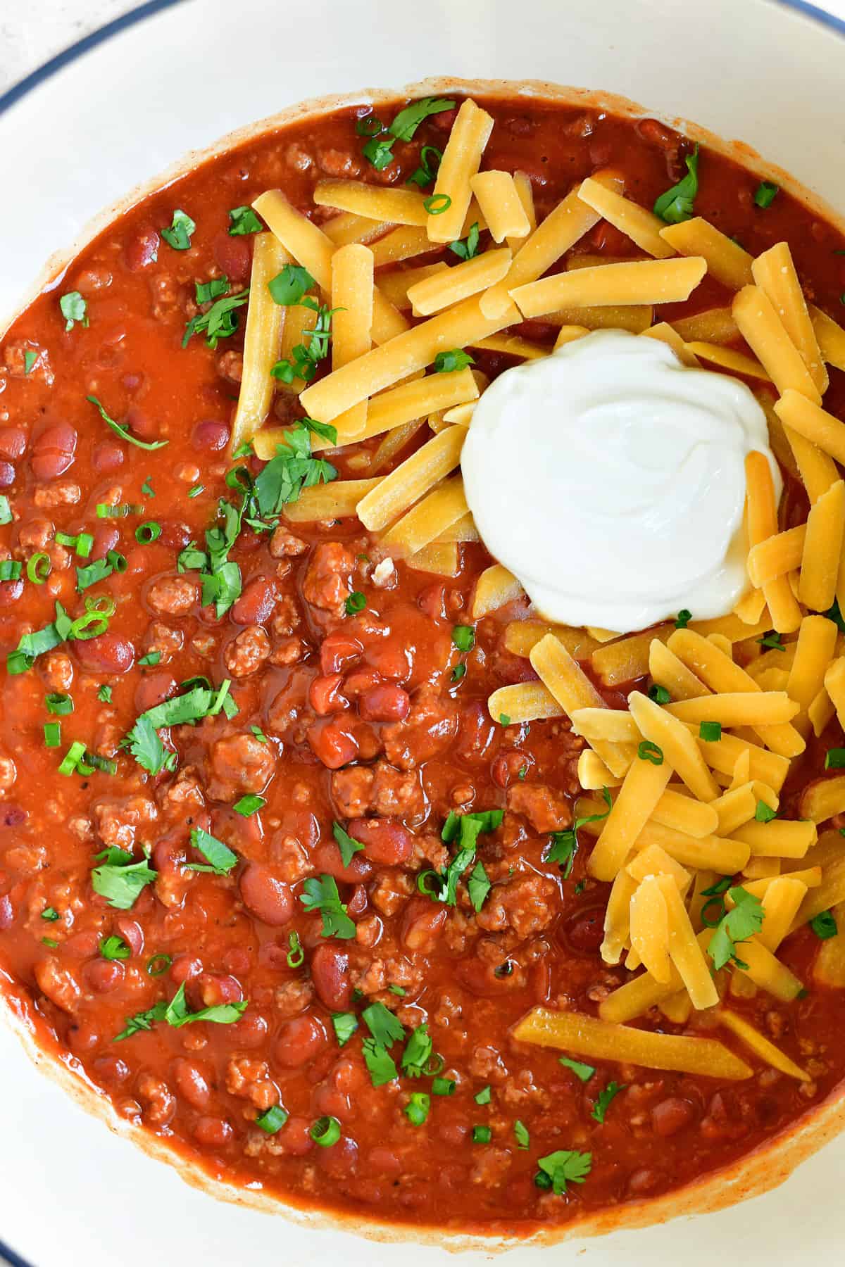 a topdown view of an easy chili recipe made in a large pot
