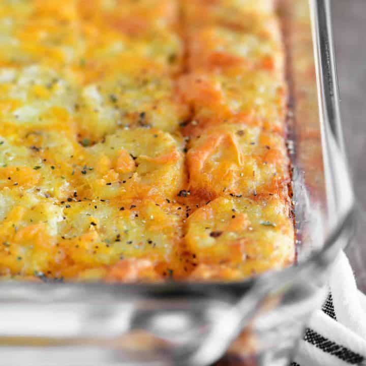 a close-up view of the baked Tatertot breakfast casserole