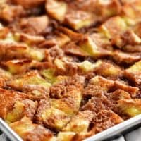 golden french toast casserole in a pan