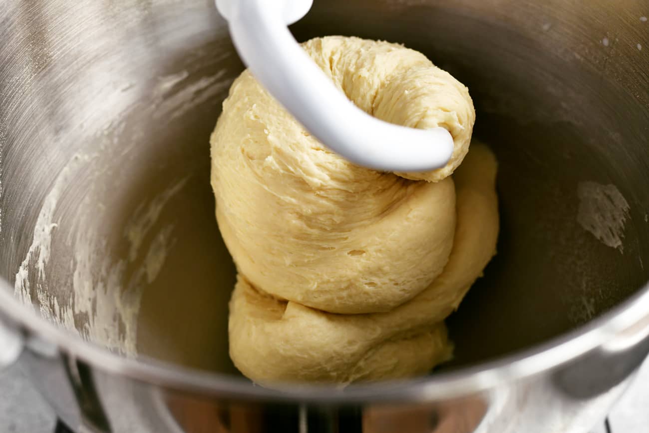 dough on the dough hook of the mixer