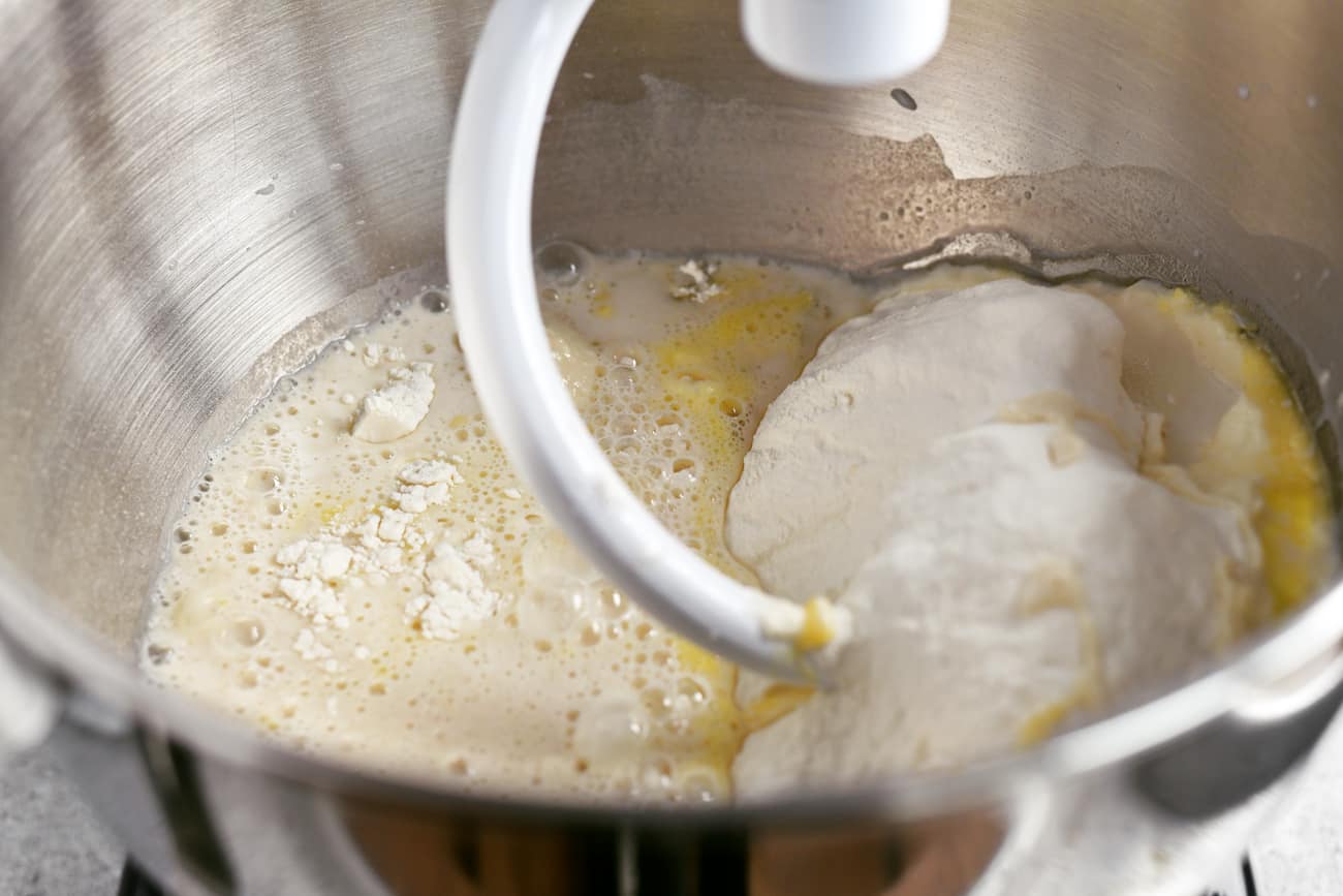 mixing the dough ingredients in the mixer