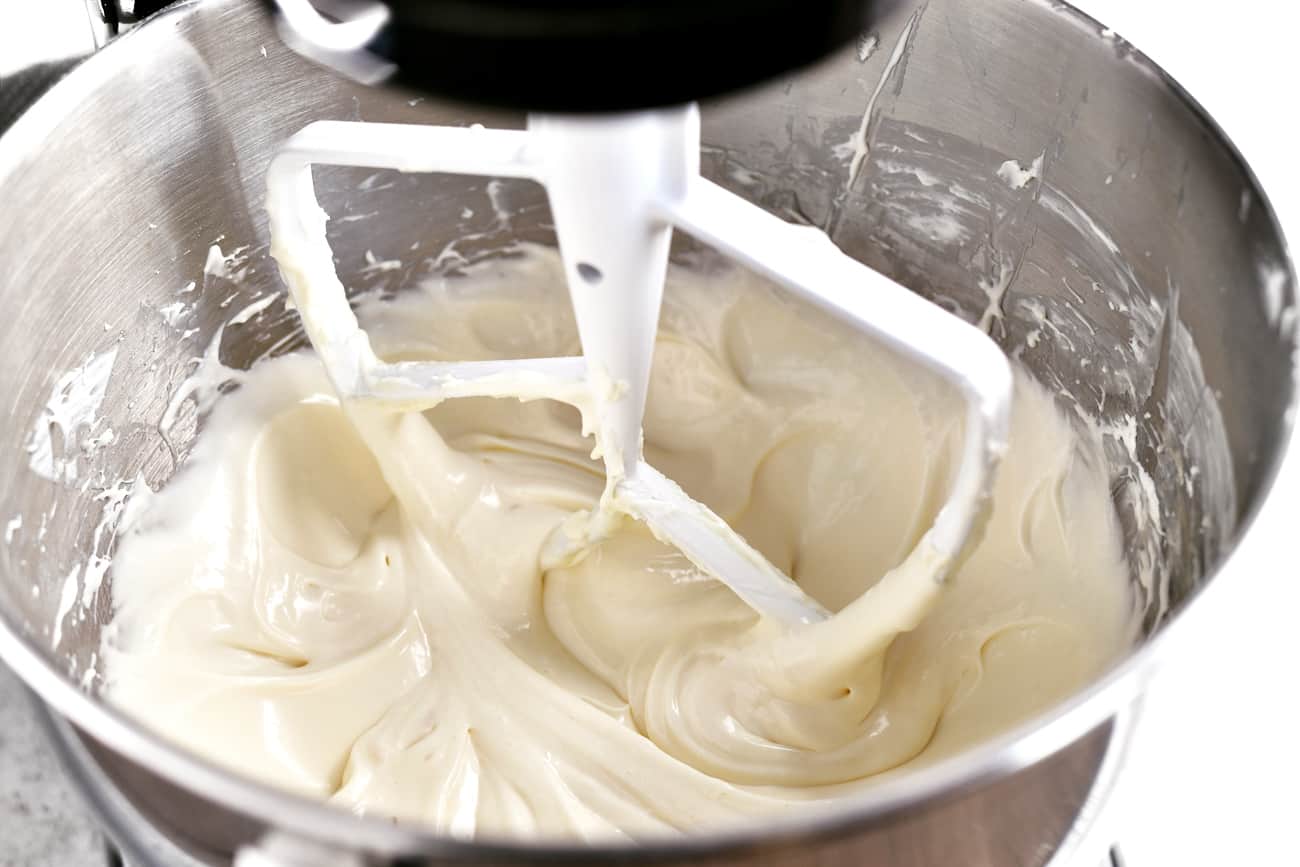 cake batter in stand mixer