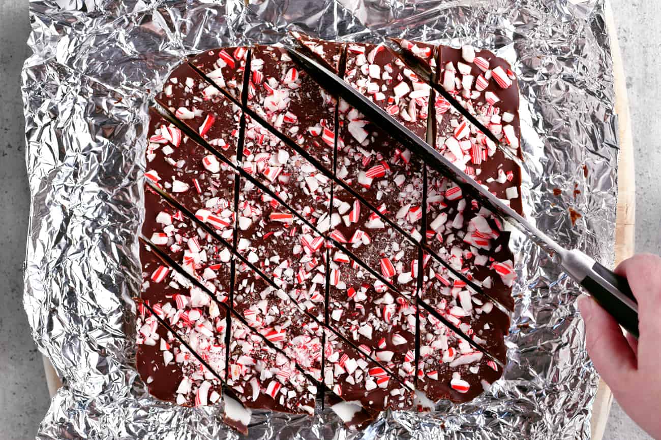 cutting the peppermint patty bars with a knife