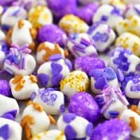 purple and gold sprinkles on mini marshmallows