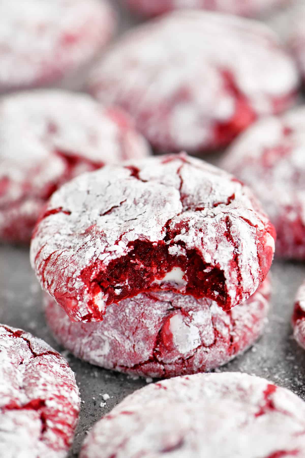 bite from a red velvet cookie