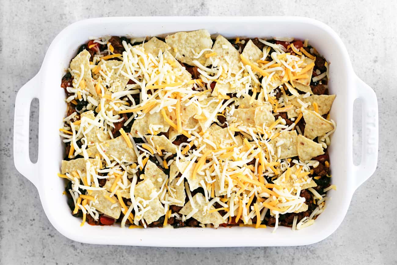 a casserole topped with chips and cheese