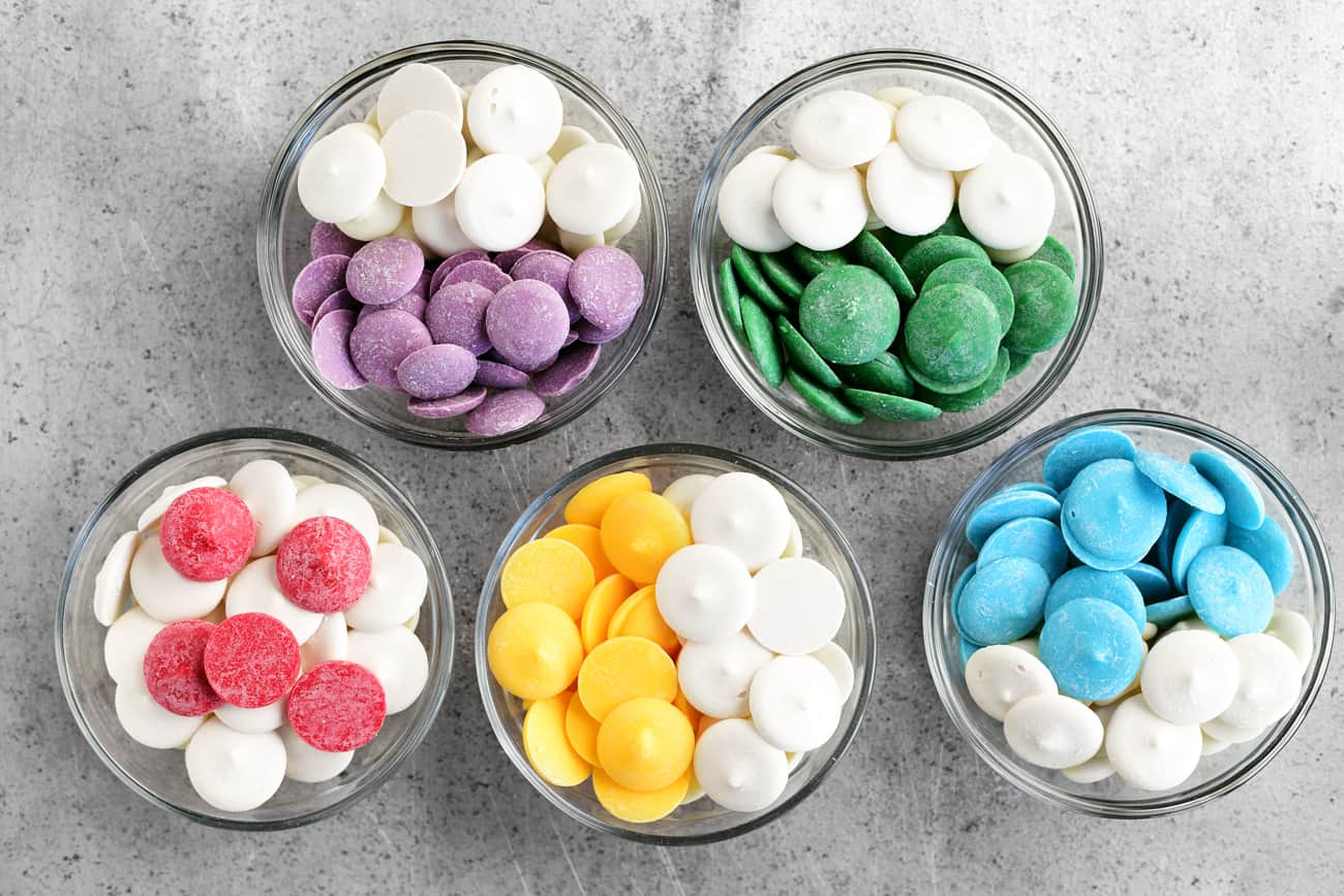 bowls of different colored candy melting wafers