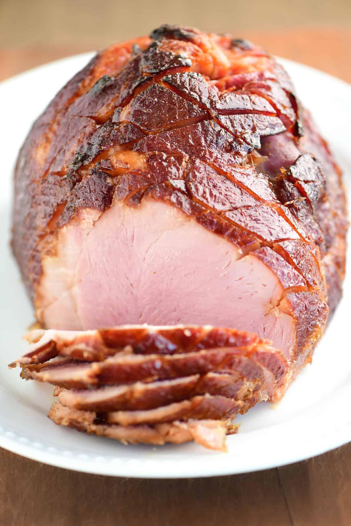 sliced ham on a serving platter.
