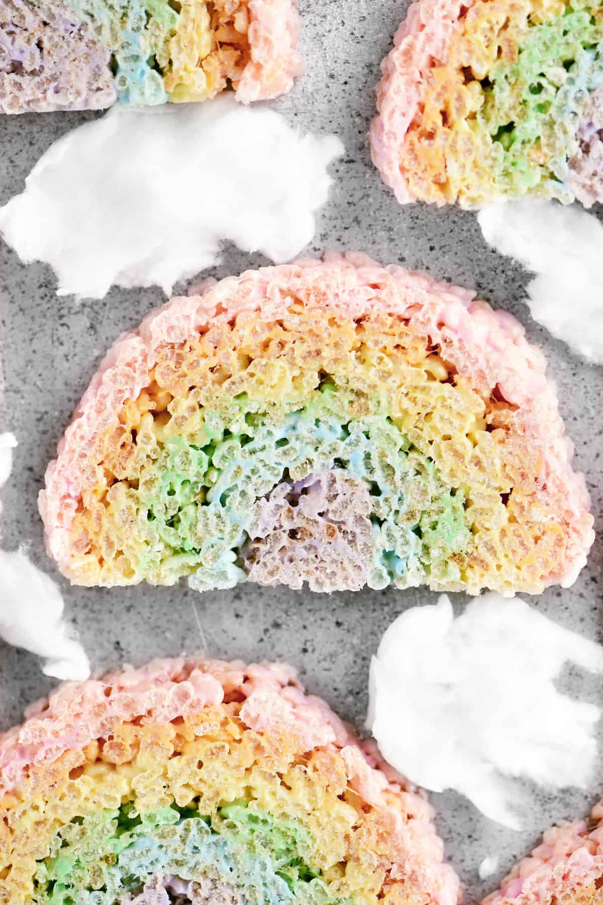 close up of a rice krispies treats shaped into a rainbow