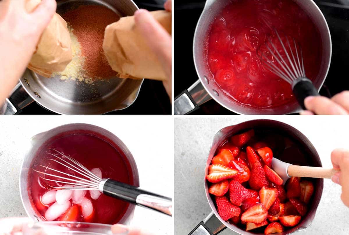 Photo collage showing how to make strawberry pie filling.