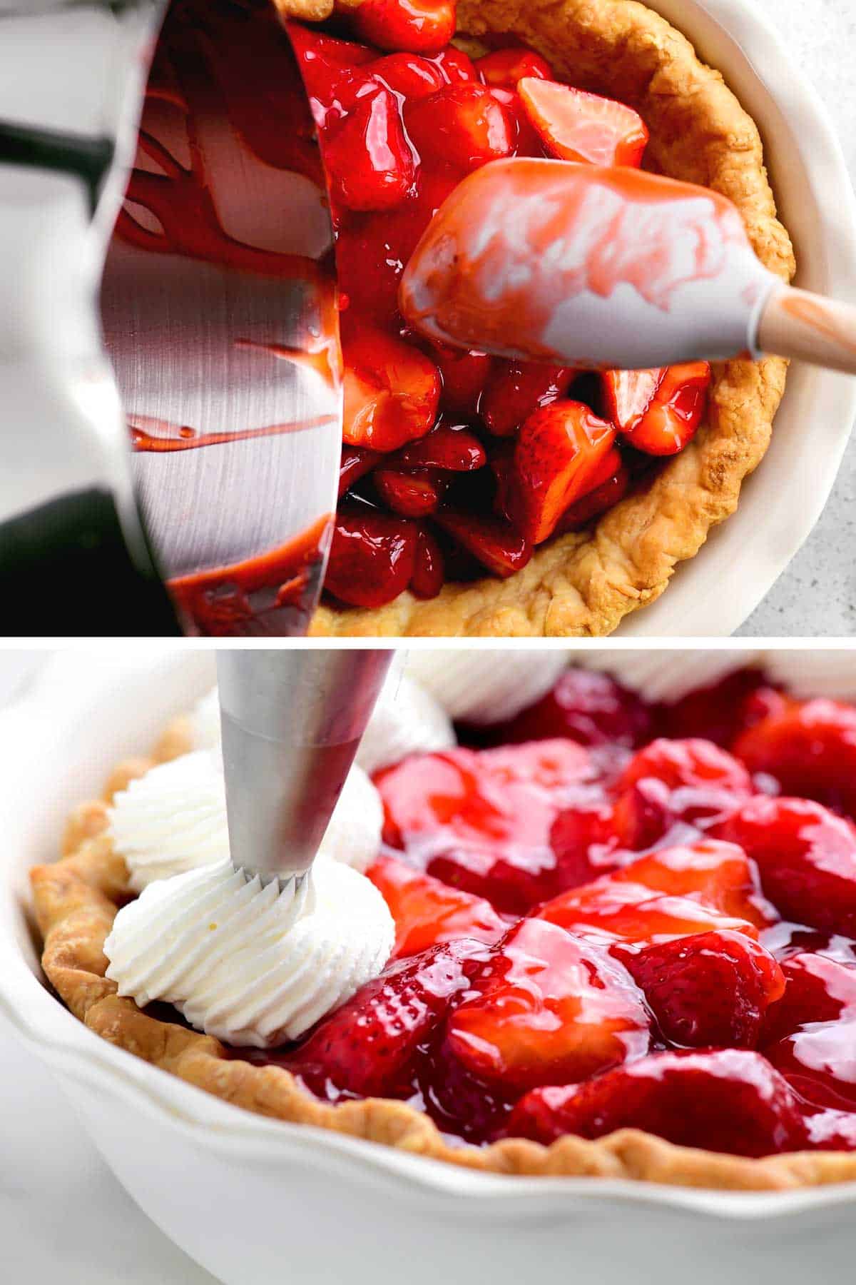 Adding strawberry pie filling to crust and topping the pie with whipped cream.