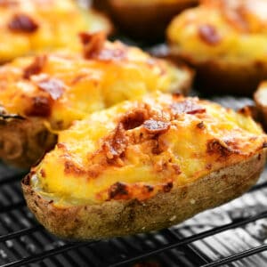 Crispy twice baked potatoes with bacon and cheddar cheese.