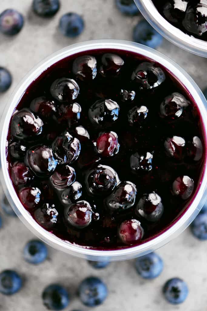 blueberry pie filling in a food storage container