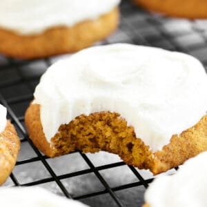 inside of a pumpkin cookie with cream cheese frosting