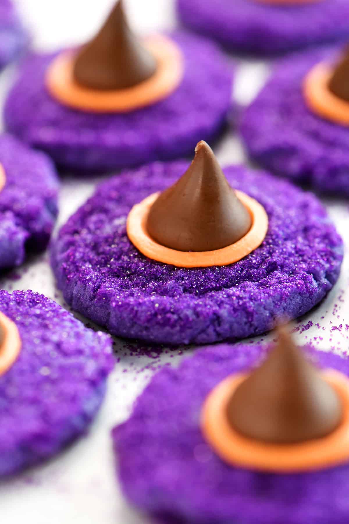 purple witches hats topped with Hershey's Kisses
