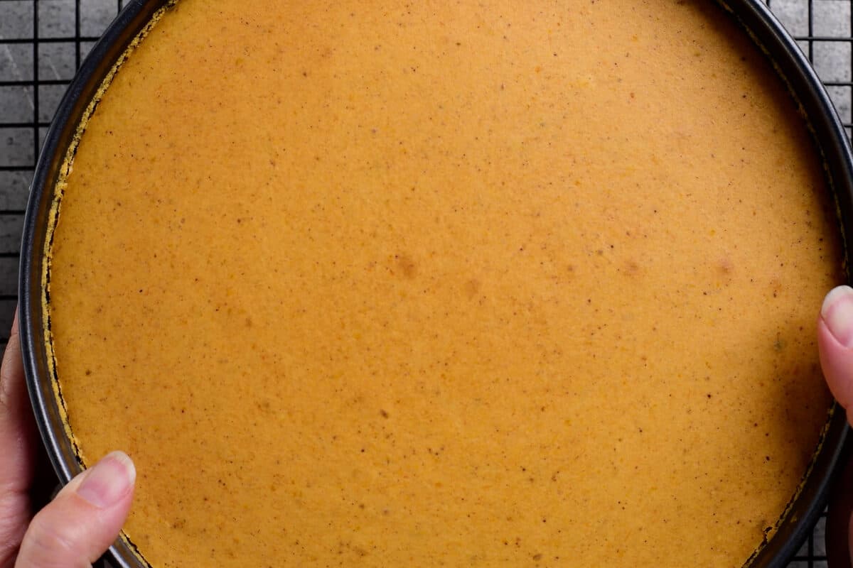 baked pumpkin cheesecake on cooling rack