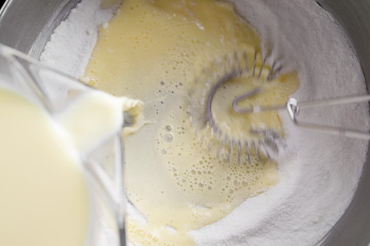 whisk milk and eggs into dry ingredients in pot