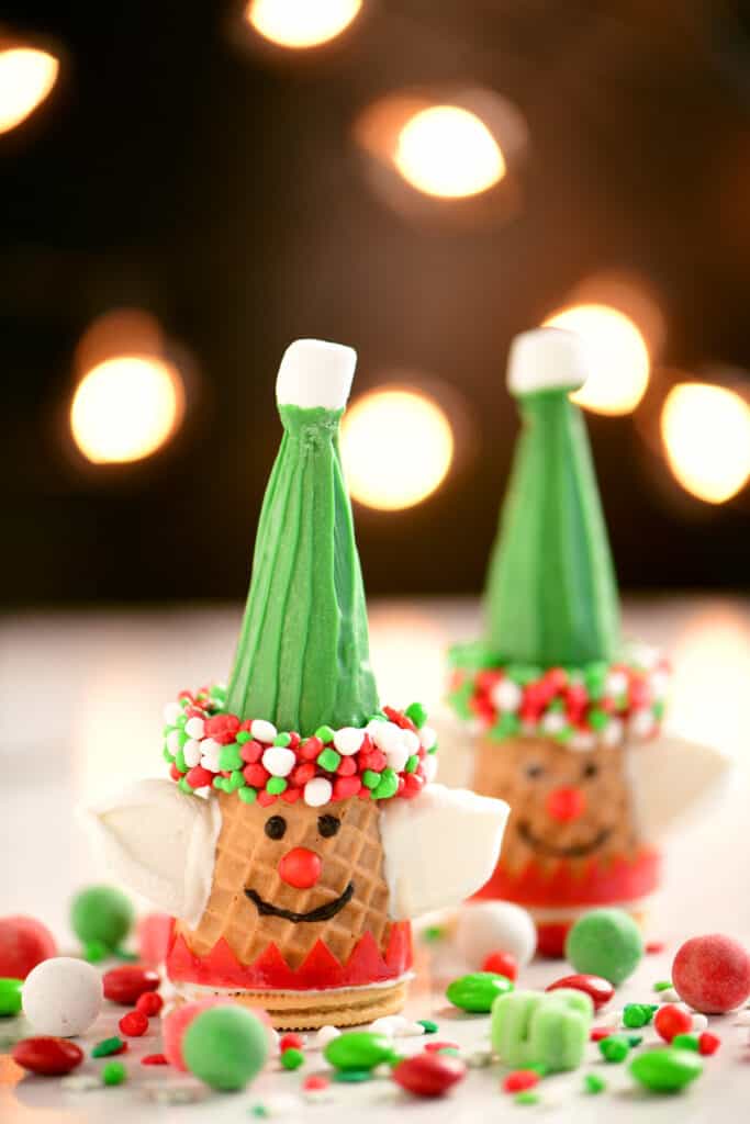 Christmas cone elves and candy on a table