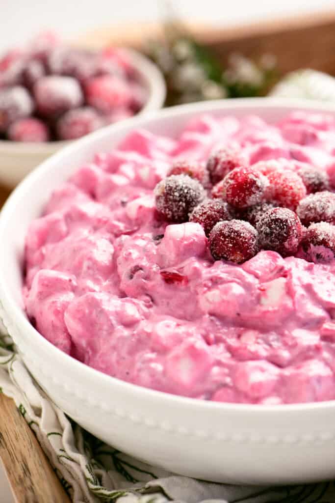 cranberry salad in a bowl topped with sugared cranberries