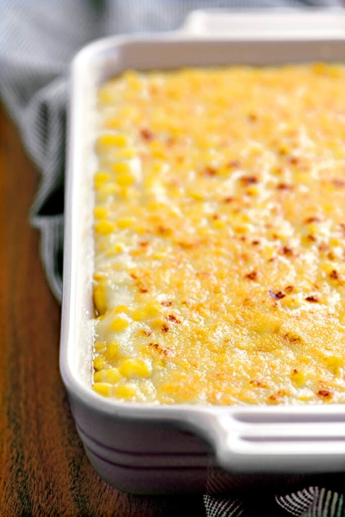 baked creamed corn in a serving dish