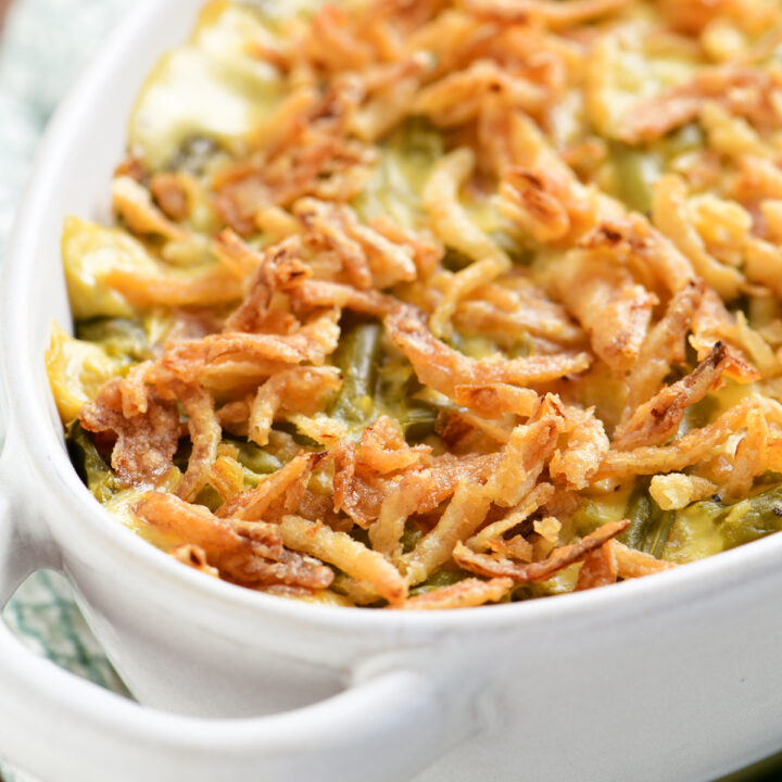 baked green bean casserole with French fried onions on top