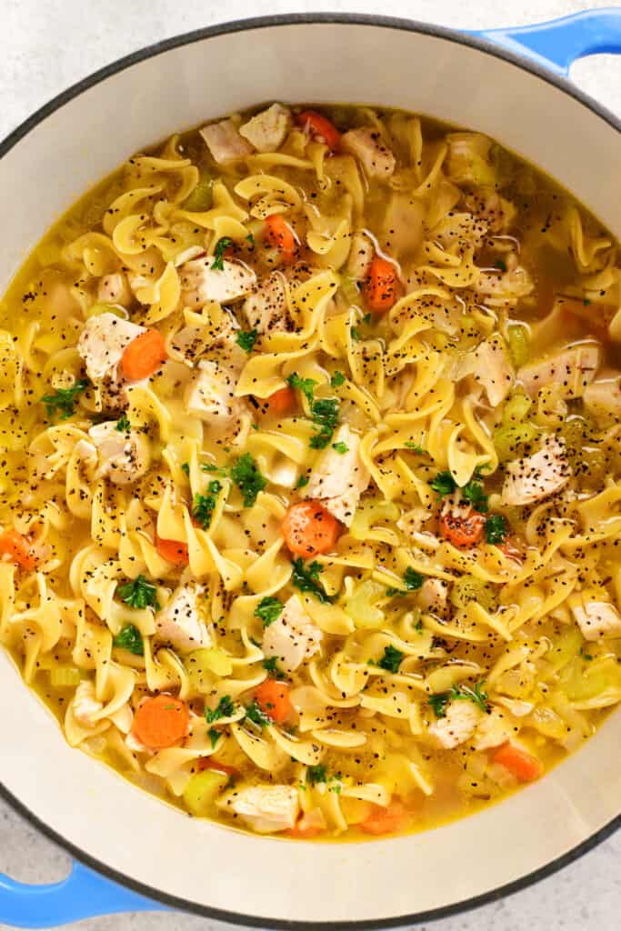 turkey noodle soup in a serving pot