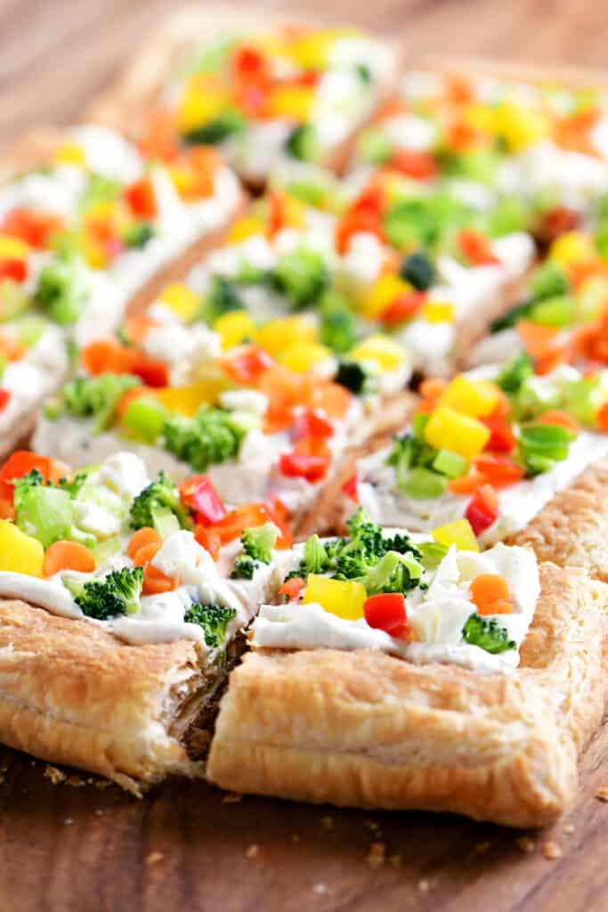 veggie pizza on a puff pastry crust